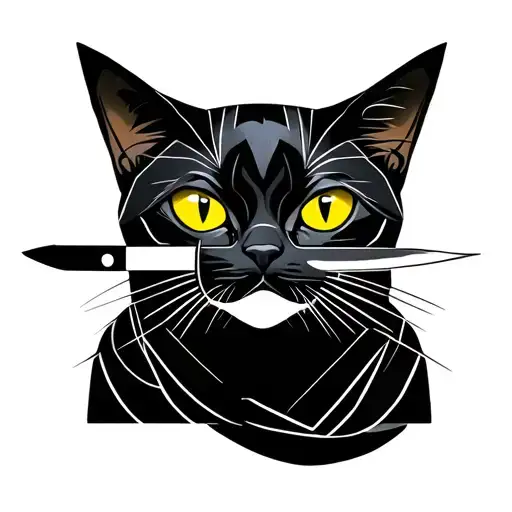 Black Cat With Knife In Mouth Yellow Eyes