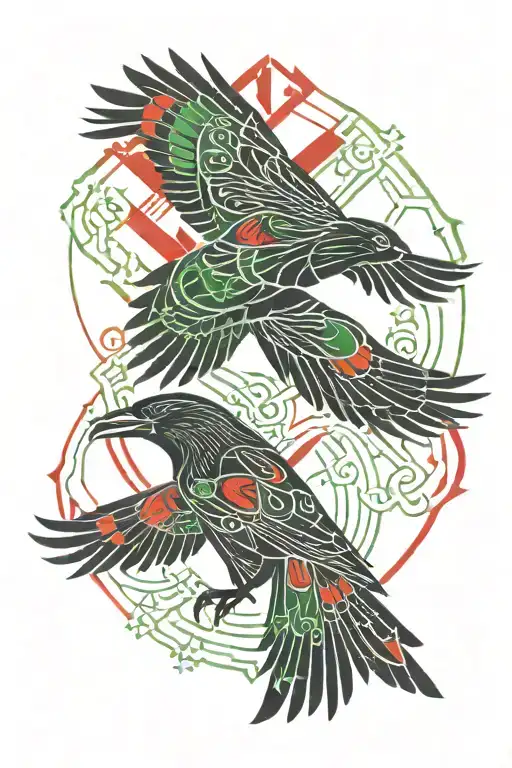 Two Ravens Flying Under Viking Runes Black Green And Red Colours