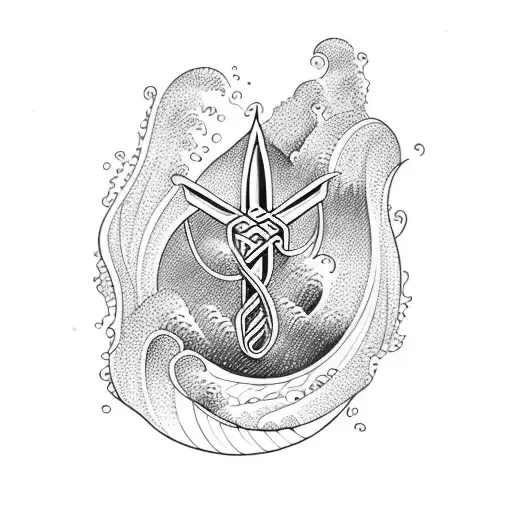 Ocean Wave With A Mountain And A Trident