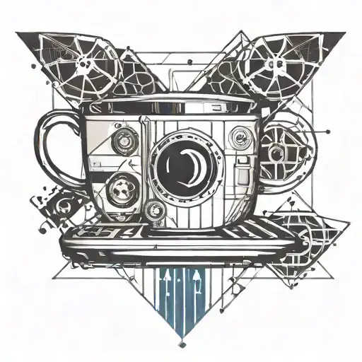 A Minimalist Tattoo Of A Coffee Cup With Film Reel Patterns And Game Controller Handles