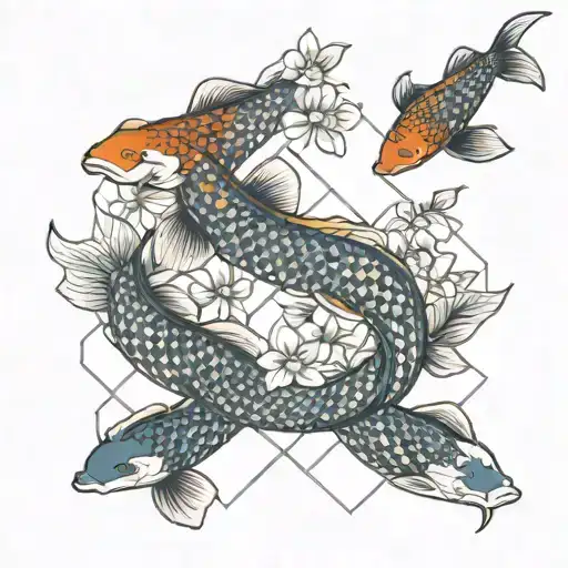 Japanese Cherry Blossom Tree With Koi Fish Swimming Around It