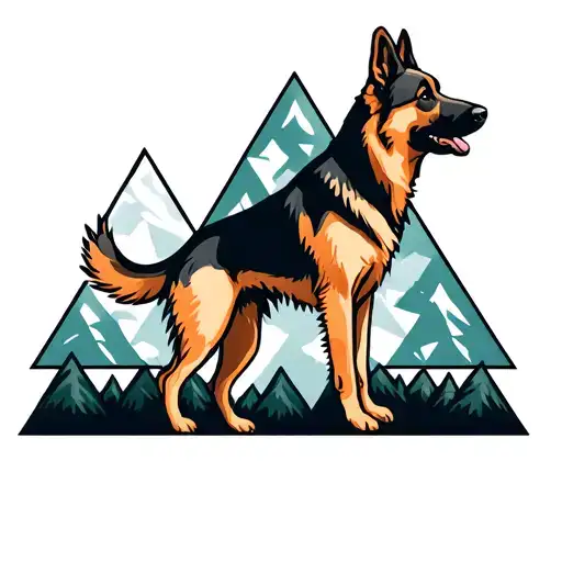 A German Shepherd Dog Walks Between Mountains And The Whole Tattoo Is Lines And Triangles