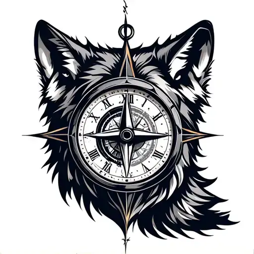 Grey Wolf Head And Time Clock And Compass