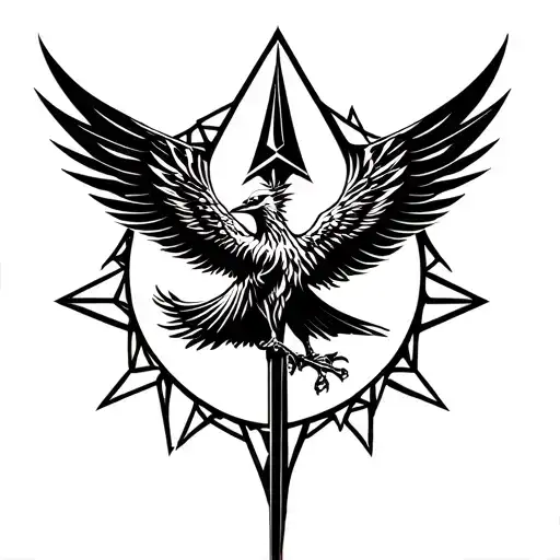 A Pheonix Rising In Front Of A Trident Symbol