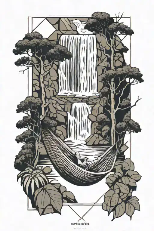 A Hammock In The Woods Beside A Raging River With A Majestic Waterfall