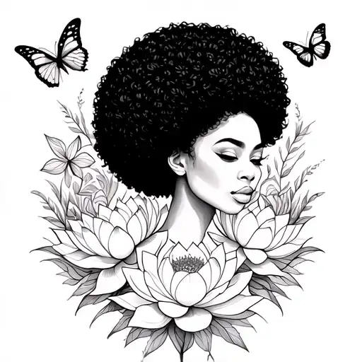 Line Work Of A Black Woman With An Afro Surrounded By Lotus Flowers And Butterflies