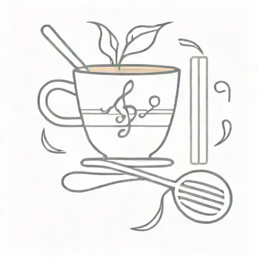 A Minimalist Tattoo Of A Coffee Cup And Music Notes Blending Into A Spatula And Whisk