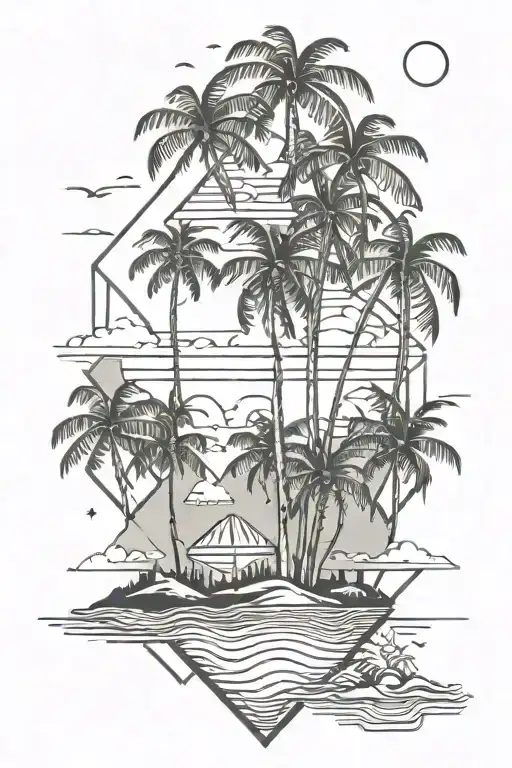 Tropical Island Beach Scene With Palm Trees And Sunset