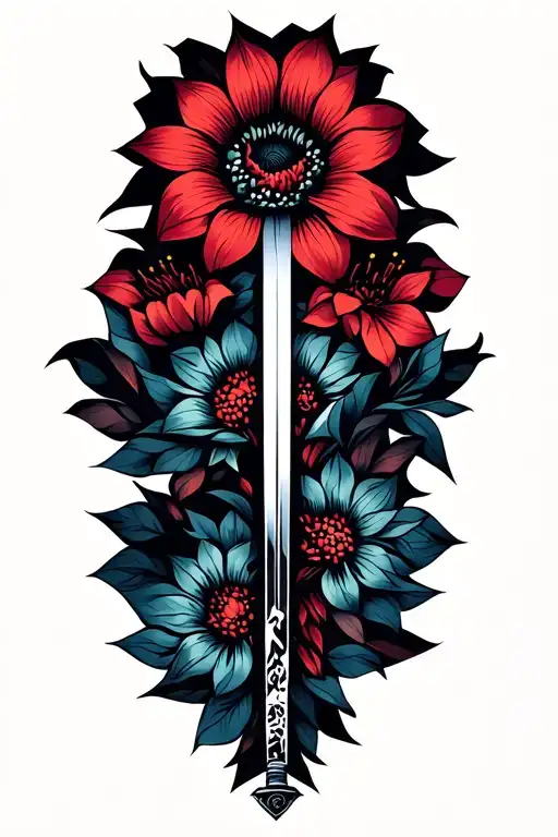 A Minimalist Design Of The Beauty And The Beast Flower Intertwined With A Katana