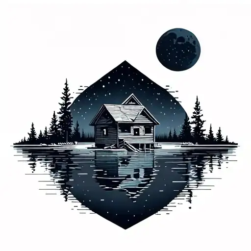 Cabin On A Lake Under A Moon