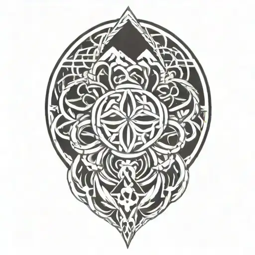 The Karmic Knot Is Intertwined With A Four-leaf Clover In Front Of A Mountain Peak