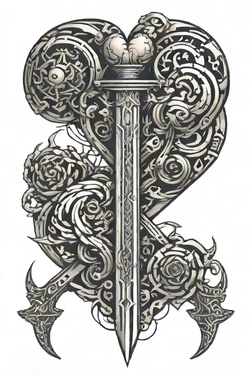 Sword Heart Brain Connected Line Tattoo Design