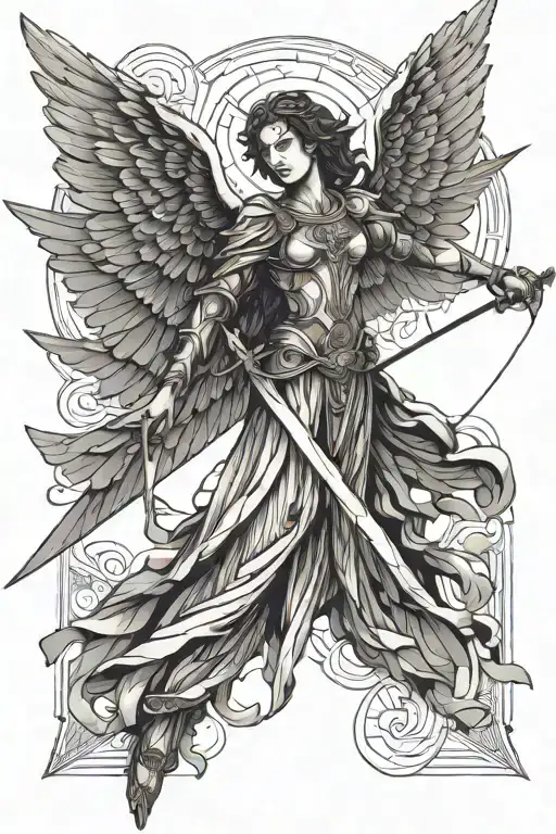 Falling Angel With Wings Spread Wide Open Wings Holding Sword
