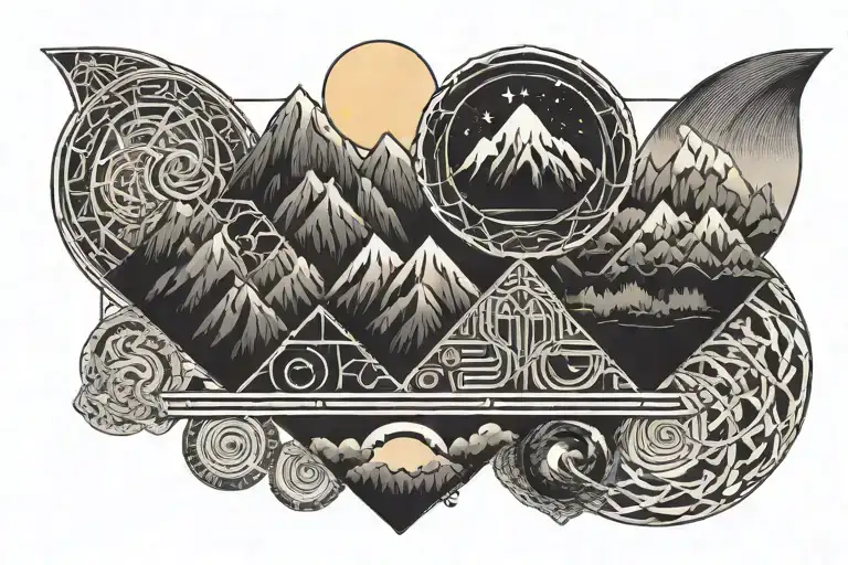 Double Helix Intertwined With 3 Mountains And Sun And Moon