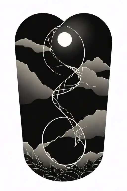 Double Helix Intertwined With The Sun And Moon And Mountains