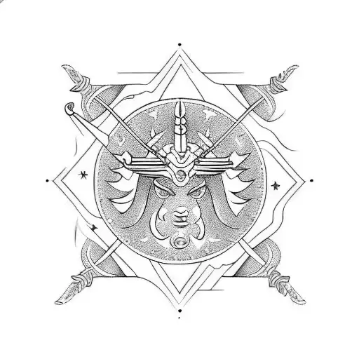 A Traditional Style Tattoo Of Sagittarius And Aries Symbols Surrounded By Flames