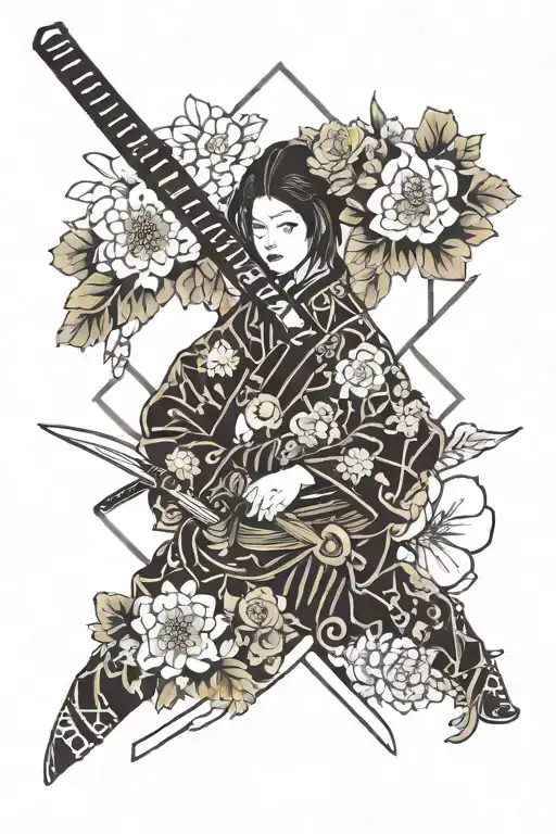Wakizachi And Katana And Japanese Flowers With Katana