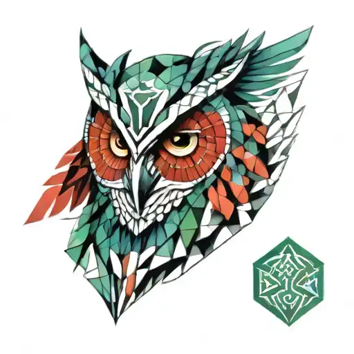 Owl And Spartan Helmet Surrounded By Red Green A D Blue Watercolor