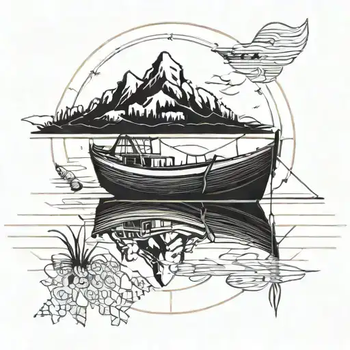 A Blackwork Tattoo Of A Fishing Boat On A Calm Lake At Sunrise