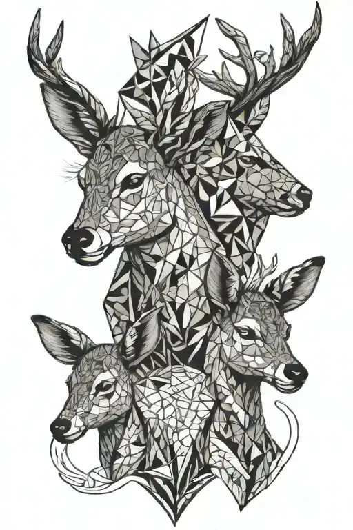 Deer Mother With Two Baby Deers Head With A Nature
