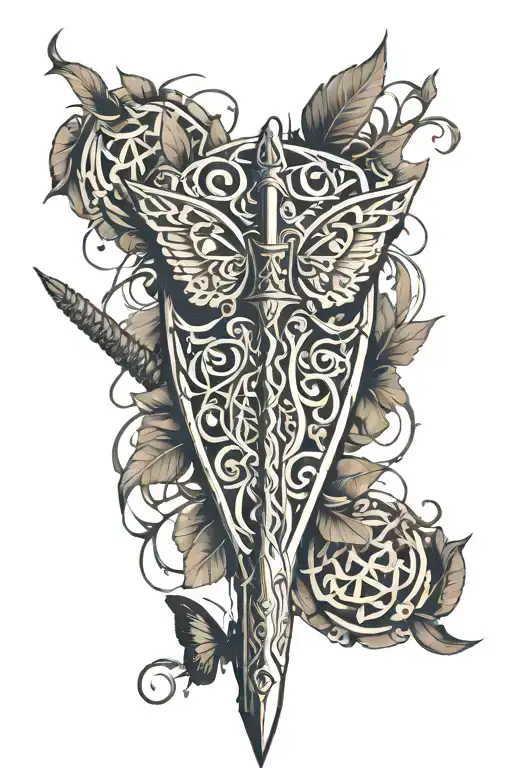 Distorted Sword With Shield With Vines With Thorns Wrapped Around And Distorted Blurry Butterflies