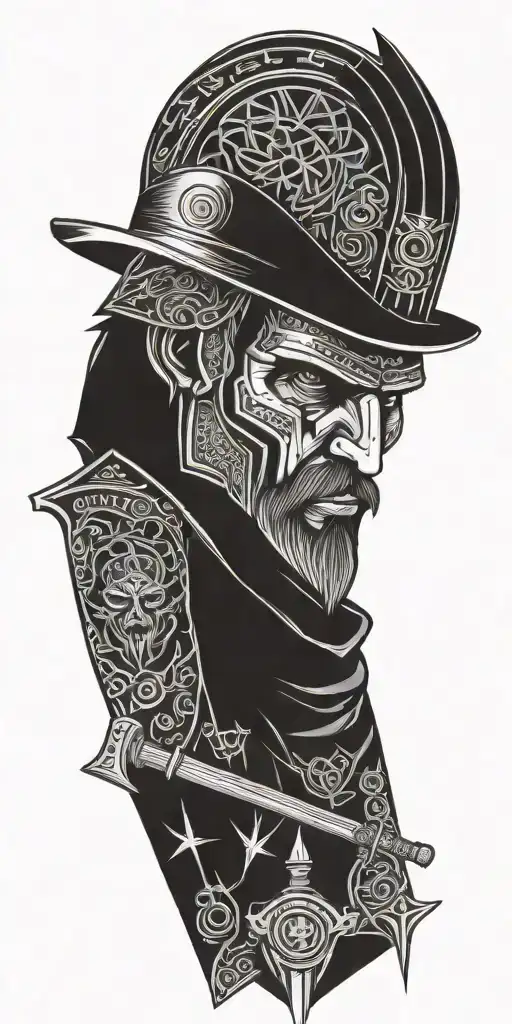 A Blacksmith Face With Hammer And Wizard Facwith Cone Hat And Book And Warrior Face With Katana Helm