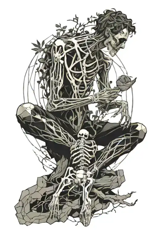 A Man And His Skeleton Meditating With Roots From His Leg And An Universe Coming Out From His Head
