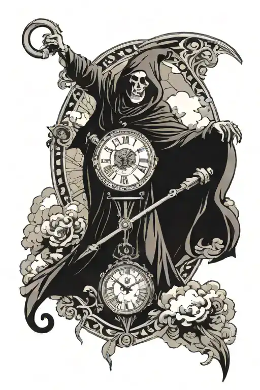 Grim Reaper With Clouds Surrounding A Clock