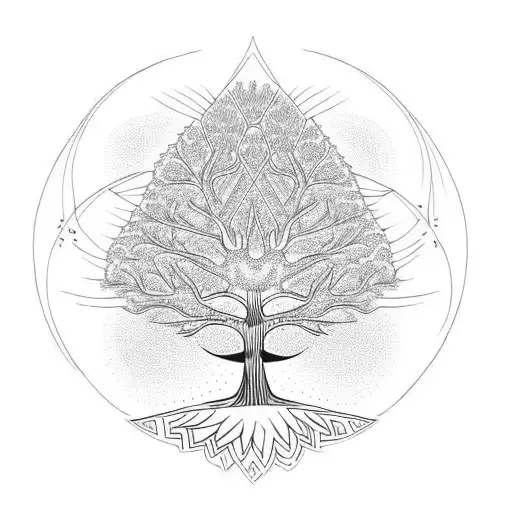 Patterned Tree With Deep Roots In Shape Of Ankh With Sun Shining Through