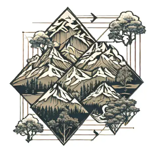 Mountain Scene With 6 Trees Inside A 4 Sided Diamond