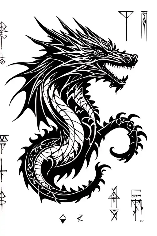 Fantasy Dragon And Runic Words Around It