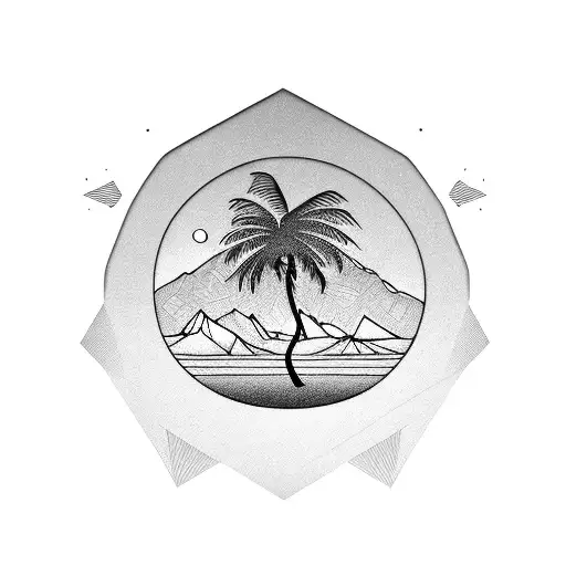 Stencil Beach Palm Tree Forest Mountains Sun Silhouette