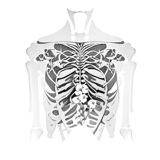 Skeleton Torso Over Grown With Ferns With Bouquet Of White Lilys Sprouting From The Chest