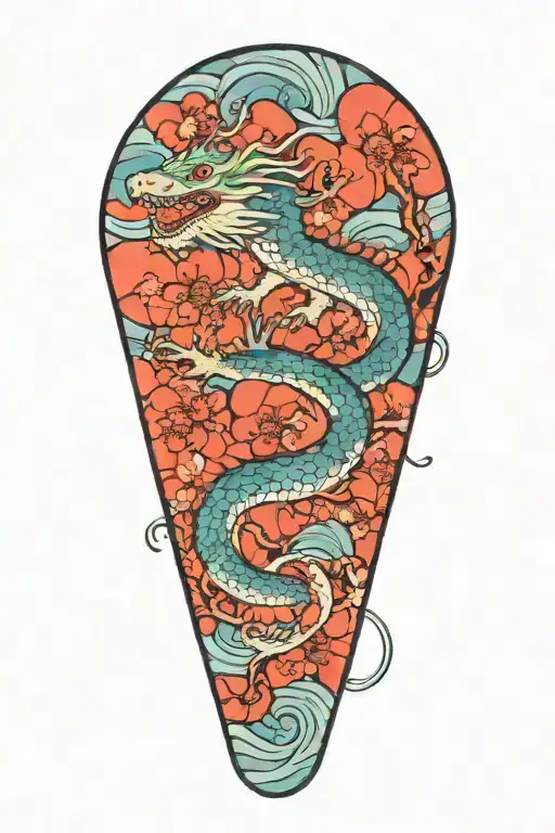 Japanese Water Dragon With Waves And Cherry Blossom Tree