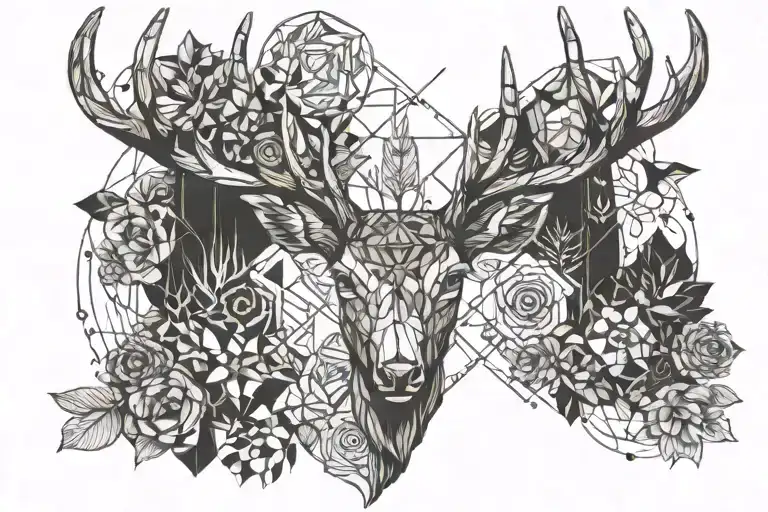 Deer With Antlers And Geometric And Nature Objects Around It