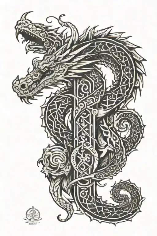 Aquarius And Dragon Traditional Celtic Tattoo With Trippy Mushroom Geometrics