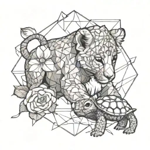 Lion Cub Protecting A Baby Turtle Surrounded By Rose Stems