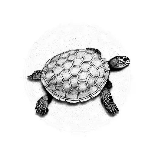 Realistic Dotwork Turtle With Geometric Shapes Around