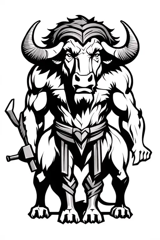 Classic Minataur Guarding Standing On 2 Legs With Hammer