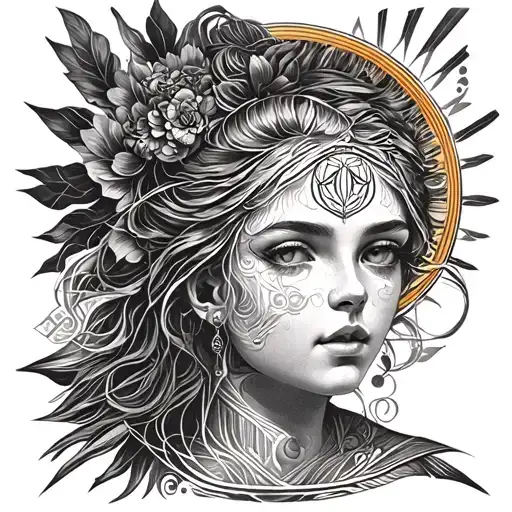 A Beautiful Woman's Face With A Halo Gemini Symbol