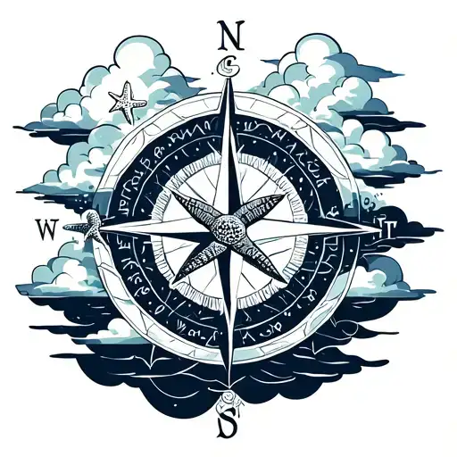 Compass With Clouds Surrounding Turtle And Starfish