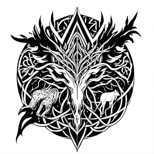 Shoulder Tattoo With All The Nordic Mythological Animals And Yggdrasil