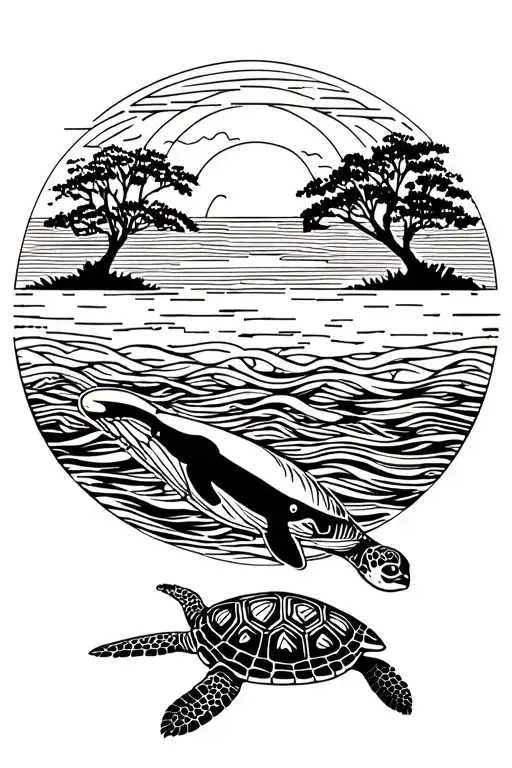Sunset On The Sea With A Sea Turtle And A Whale In Front Of A Traveler's Tree And A Straw-in-queue