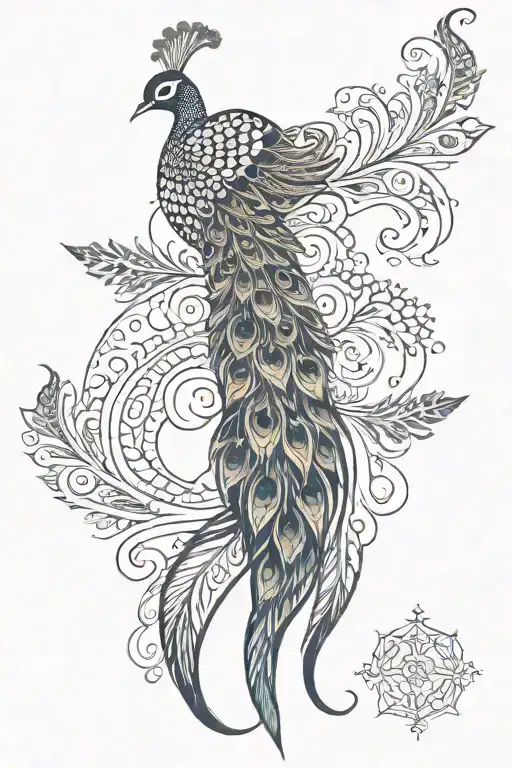 Henna Peacock Feathers On Left Upper Back Connecting With Horizontal Low Back