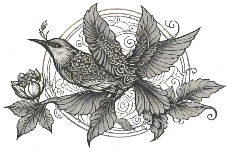 Fantail Flying Crescent Moon Pagan Lotus Flowers Intertwined