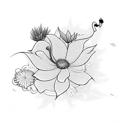 Flamingo With Aster And Morning Glory Flowers