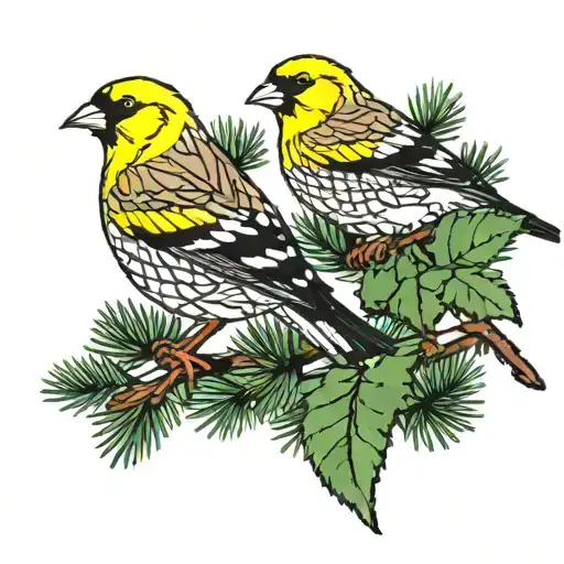 Willow Ptarmigan And American Goldfinch Perched On Evergreen Tree Branch
