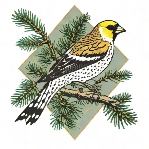 Willow Ptarmigan Look Up At American Goldfinch Perched On A Evergreen Tree Branch