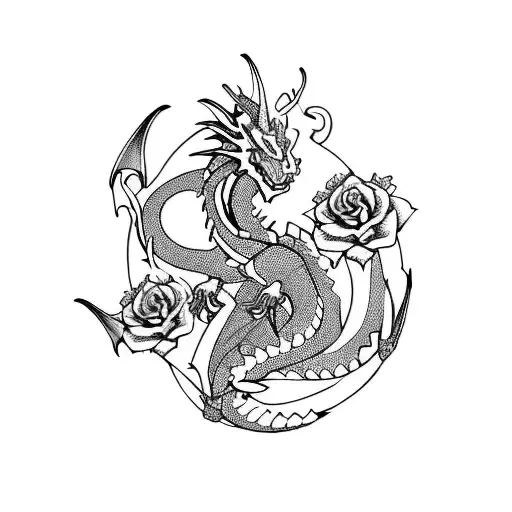 Sad But Powerfull Dragon With Roses