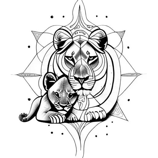 Lioness With One Baby Cub Include Mandalas And Flowers